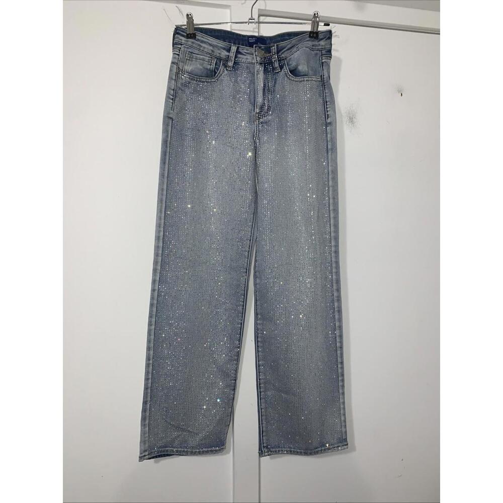 Project Indigo Jeans Rhinestone Front High Rise Wideleg Jeans Sz 7 W28” L29”R10”